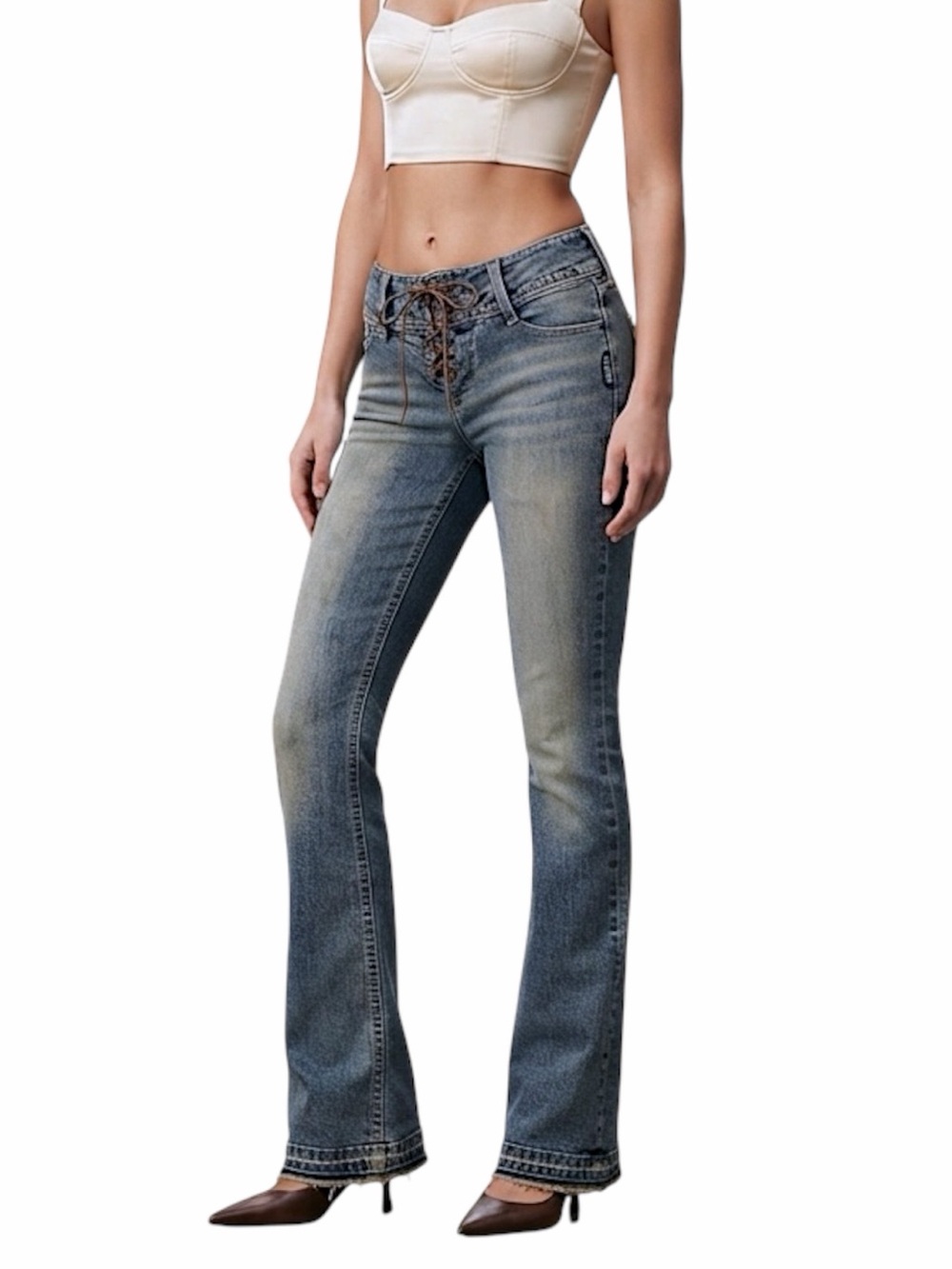 Y2K Silver Jeans lace up low rise faded zigzag stitch raw hem flare jeans 27/34